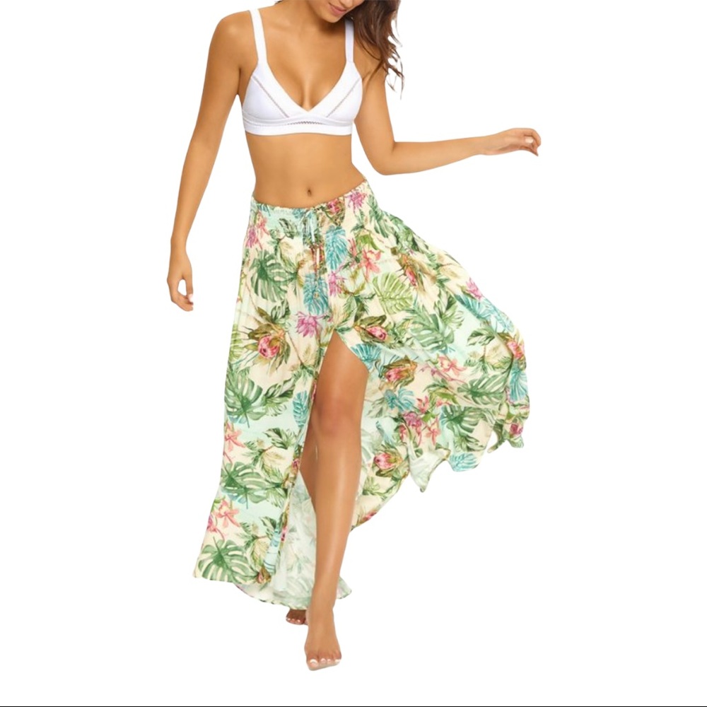 Pilyq Tropical Floral Maxi Skirt in Green, Cream, Pink